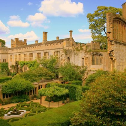 The knot garden at Sudeley Castle with the castle in the background