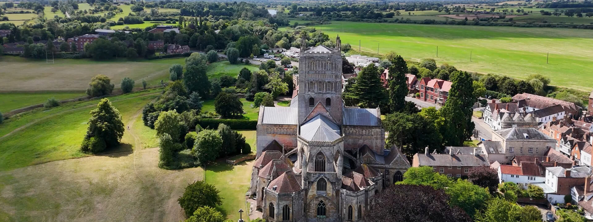 An aerial photograph of Tewkesbury Abbey