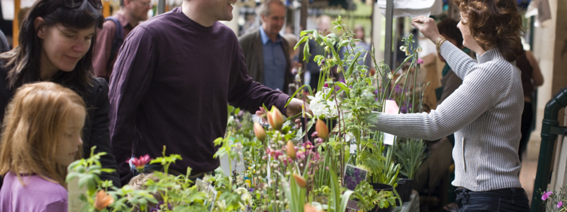 Two people chattig over the plant stall at the market